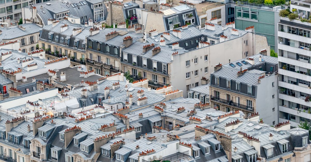 High-angle shot of Parisian rooftops showcasing classic architecture and urban layout.